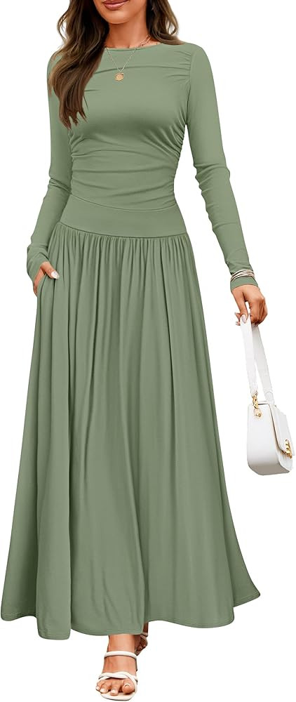 ZESICA Women's Long Sleeve Spring Maxi Dress Crewneck Knit Casual Slim Swing Pleated Dresses with... | Amazon (US)