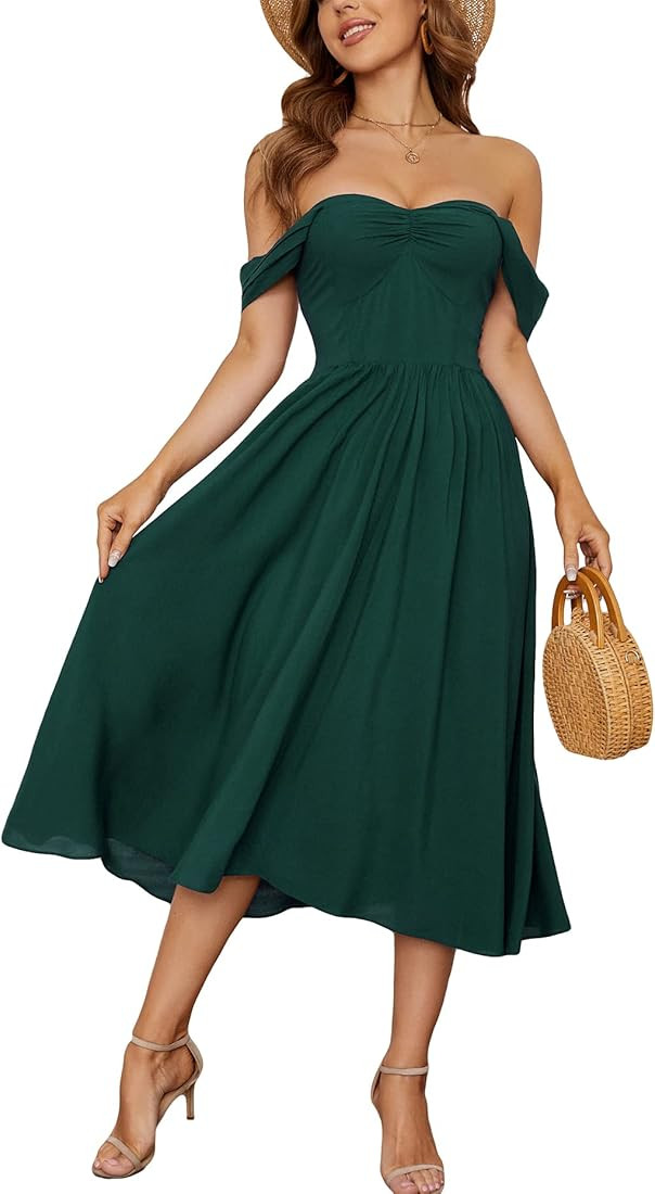 Kormei Women's Summer Boho Floral Off Shoulder Short Sleeve A Line Swing Party Midi Short Dress | Amazon (US)