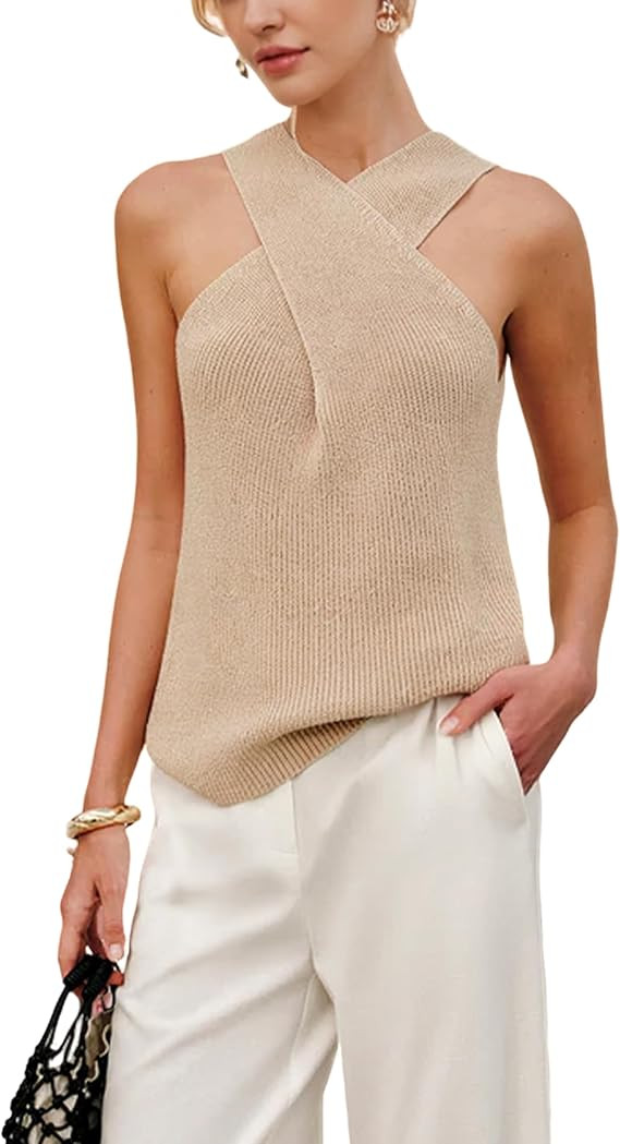 Yeokou Women Halter Cross Over Collar Tank Knit Sleeveless Top Solid Color Casual Summer Blouse | Amazon (US)
