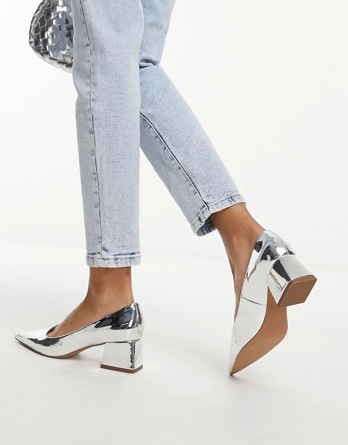 ASOS DESIGN Saint block mid heeled shoes in silver | ASOS (Global)