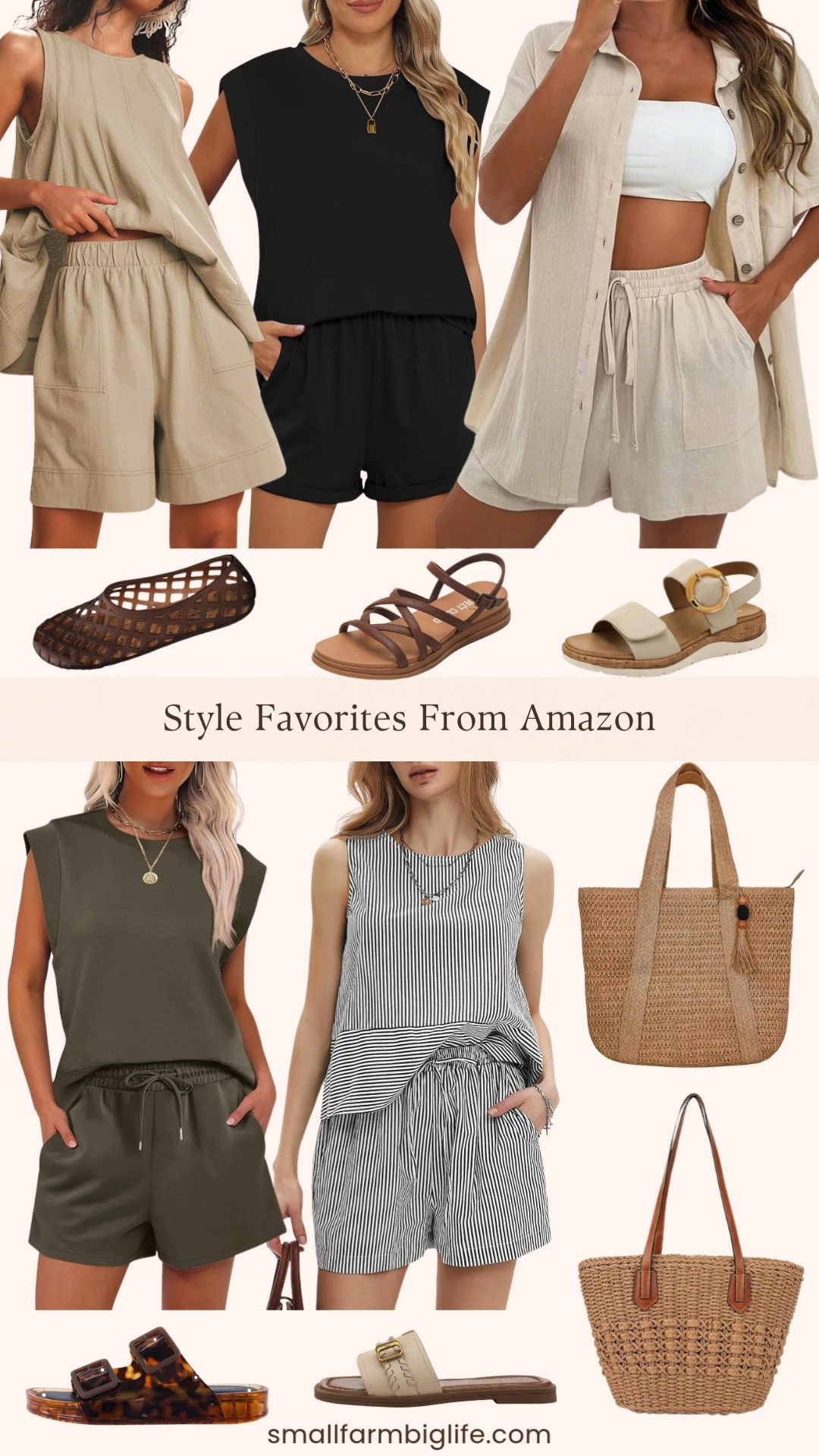 A round up of my favorite style finds from this past week all in one place! This collection has something for every summer occasion from beach days and pool hangs to casual outings and easy everyday wear. The two piece lounge and matching sets are the star of this round up in black, beige, olive green, and black and white stripe including linen sets, cotton sets, and lightweight tracksuit styles that are so comfortable and effortlessly put together. The natural woven straw tote bags are perfect beach and farmers market bags and the Project Cloud jelly flats and wedge sandals are two of my favorite shoe finds right now for comfort and style. The tortoiseshell CUSHIONAIRE pool slides, beige H-strap slide sandals, and low wedge walking sandals round out the collection with easy and comfortable footwear for every summer occasion. Tap to shop! 

 #LTKootd #LTKSeasonal #LTKOver40