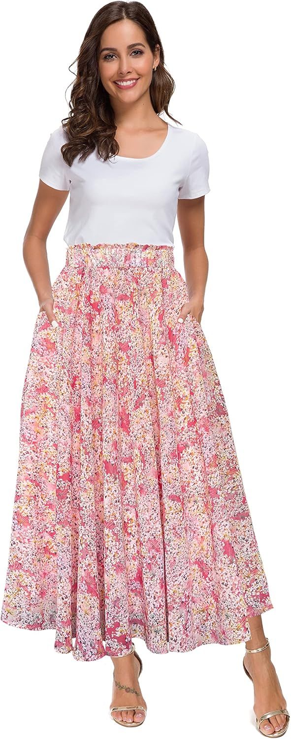 Afibi Women High Waist Floral Print Swing Chiffon Beach Midi Long Skirt with Pockets | Amazon (US)