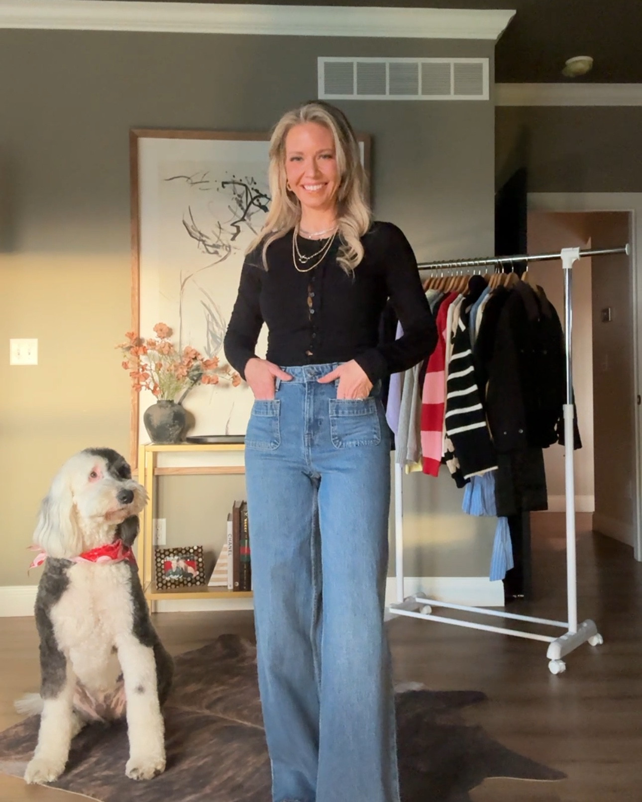 He’s looking at the jeans… not me 😅👖🐾
My assistant has verified this post and agrees how killer this jeans are! As usual…. Affordable, budget friendly Free Assembly from Walmart! 

💫Don’t forget to add a little 🌶️ spice🌶️with some fun shoes! 

#LTK #LTKStyle #LTKFinds
#WideLegJeans #DenimOutfit #JeansOutfit
#OOTD #CasualChic #EverydayStyle
#MomStyle #DogMom #DogPhotobomb

#LTKFindsUnder50 #LTKmomlife #LTKootd
