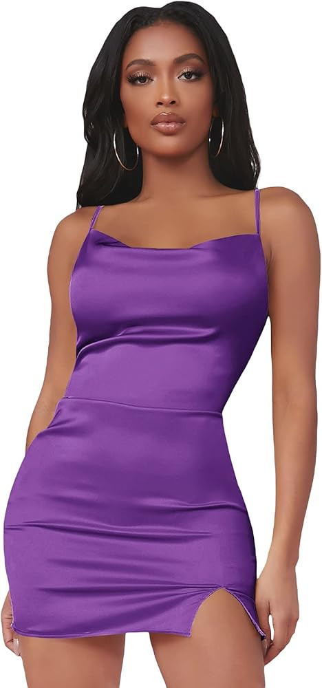 Verdusa Women's Split Hem Cowl Neck Spaghetti Strap Satin Cami Bodycon Dress | Amazon (US)