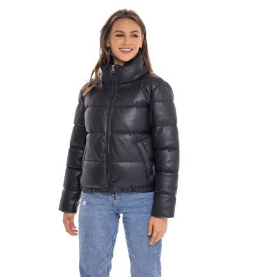 Women's Faux Leather Puffer Jacket, Puffy Coat - S.E.B. By SEBBY Black X-Large | Target
