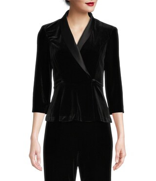 Alex Evenings Satin Portrait Collar 3/4 Sleeve Velvet Modified Peplum Wrap Top | Dillard's | Dillard's