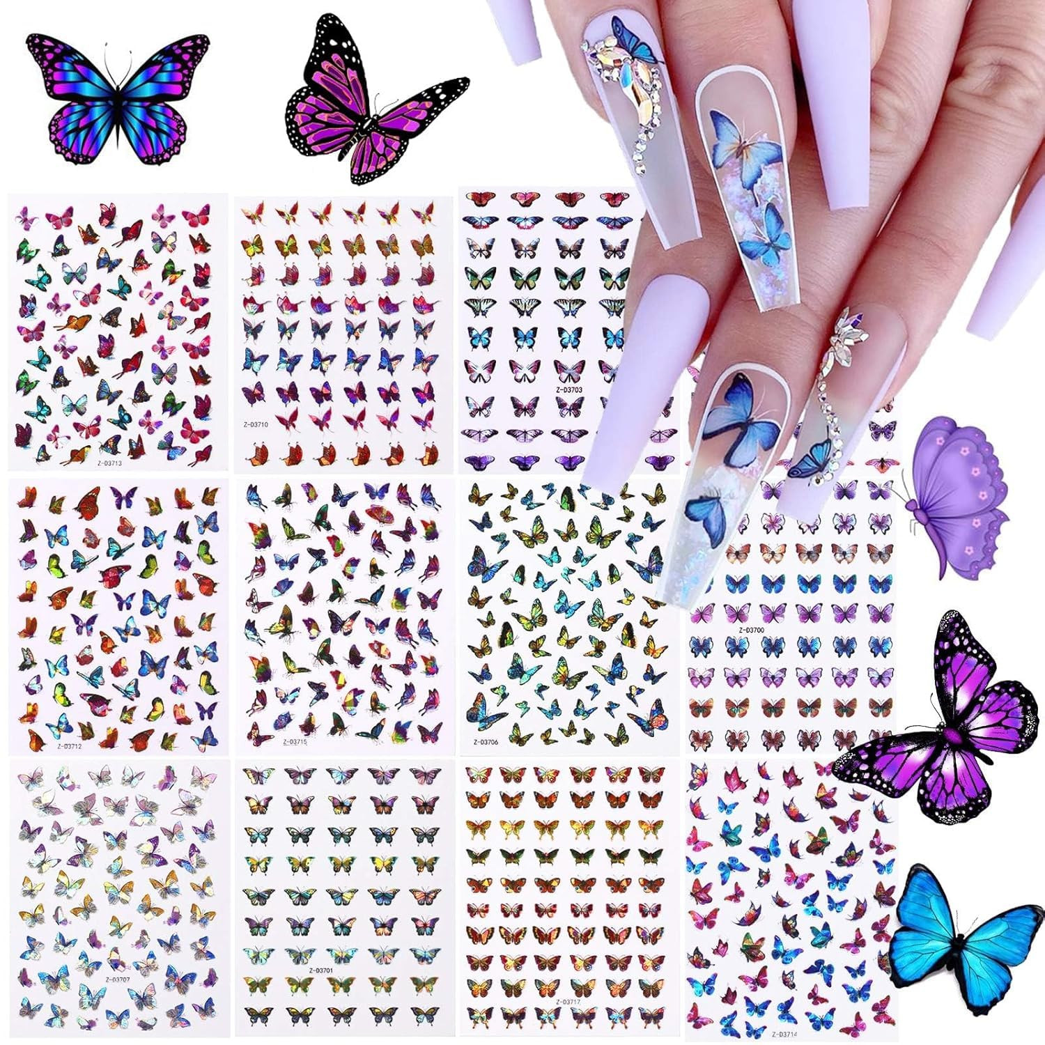 TOROKOM 12 Sheets Butterfly Nail Art Stickers Decals, 3D Self-Adhesive Nail Decals Butterfly Desi... | Amazon (US)