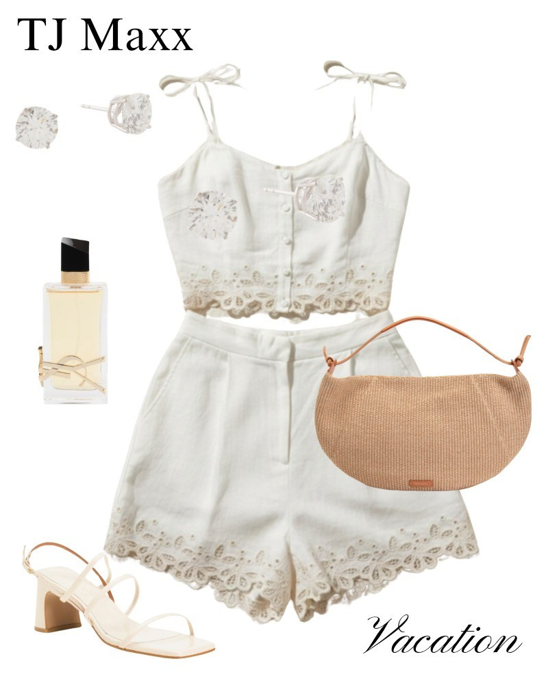 TJ Maxx vacation outfit, shorts, eyelet, perfume, St laurent, diamond look earrings, woven purse, sandals.

#LTKSaleAlert #LTKFindsUnder100 #LTKootd