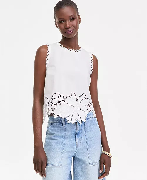 On 34th Women's Cotton Floral-Cutwork Lace-Trim Tank Top, Macy's Exclusive - Macy's | Macy's