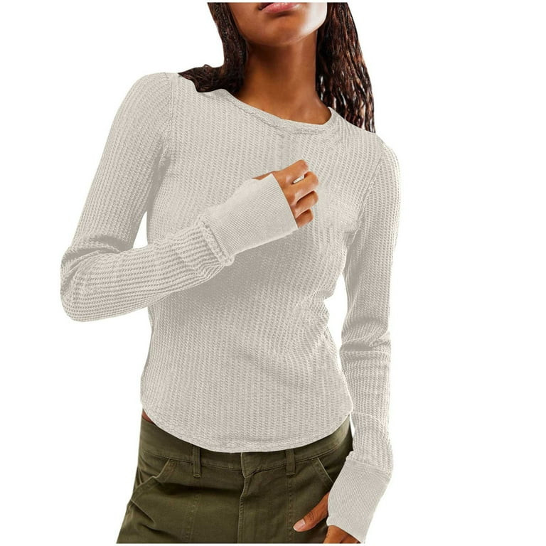 Women's Waffle Knit Tops Long Sleeve Shirts Casual Slim Fitted Crew Neck Pullover Shirts 2024 Fal... | Walmart (US)