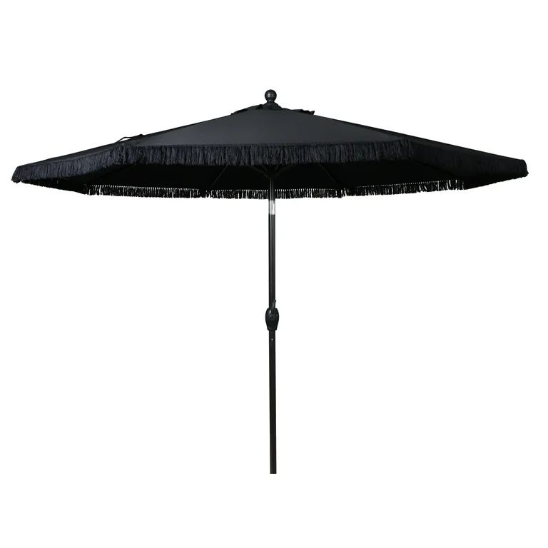 Better Homes & Gardens Outdoor 9' Black Ventura Fringe Round Crank Premium Patio Umbrella | Walmart (US)
