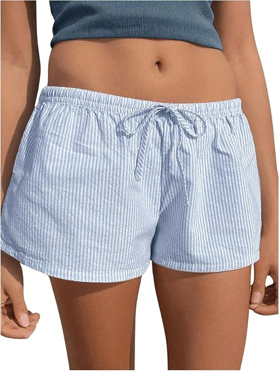 SHENHE Women's Summer Striped Shorts Drawstring Waist Loose Wide Leg Low Rise Casual Shorts | Amazon (US)