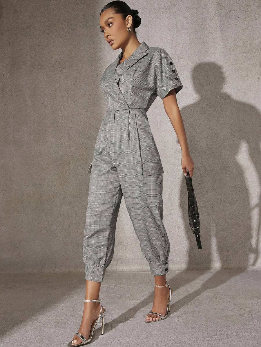 Hauture Plaid Lapel Wrap Button Hem Jumpsuit | SHEIN USA | SHEIN