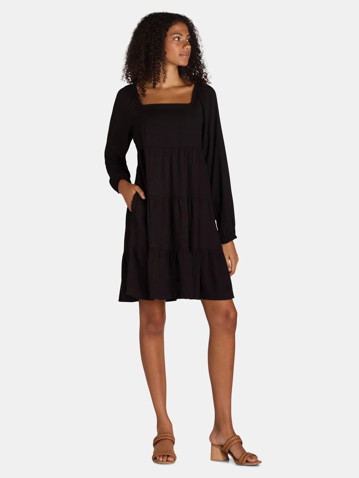 Time and Tru Women's Square Neck Mini Dress with Long Sleeves, Sizes XS-XXXL | Walmart (US)