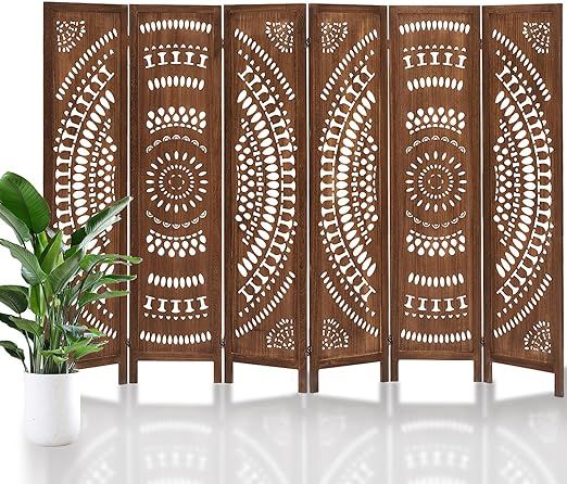 Room Divider, 5.6 FT Wall Divider, 6 Panel Wood Screen, Portable Freestanding Carved Room Divider... | Amazon (US)