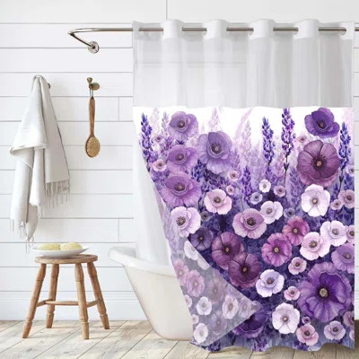Purple Floral No Hook Shower Curtain With Snap In Liner- Elegant Flowers Oil Painting Shower Curtains- Fabric Waterproof Inner Liner- Machine Washable | Wayfair North America