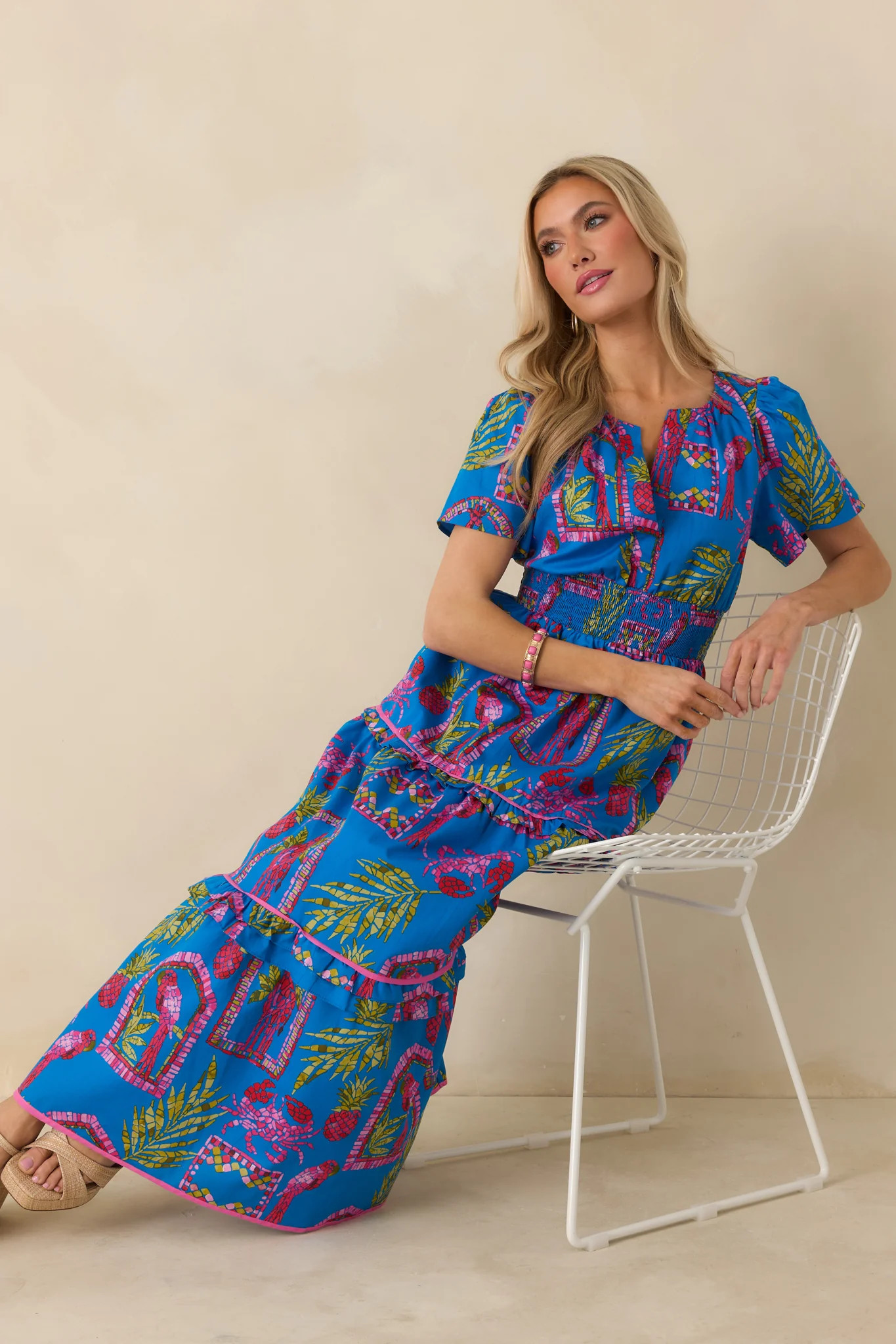 Postcards From Paradise Blue Multi Cotton Tropical Mosaic Print Tiered Maxi Dress | Red Dress