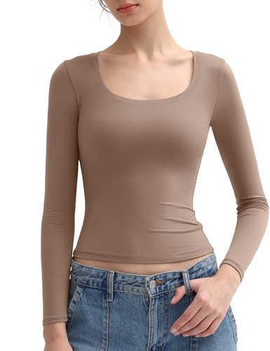 PUMIEY Women's Long Sleeve T Shirts Scoop Neck Slim Fit Going Out Tops Double Lined Basic Tee Smo... | Amazon (US)