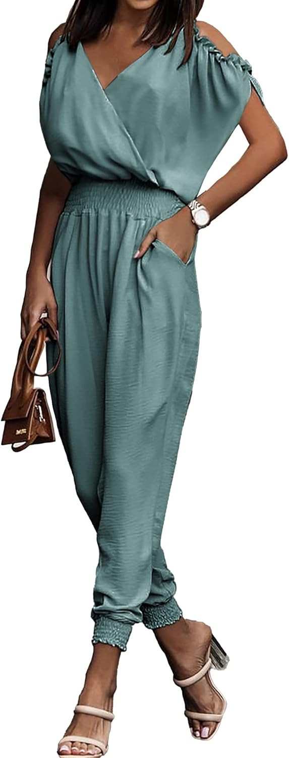 PRETTYGARDEN Jumpsuit for Women Casual Summer Wrap V Neck Cold Shoulder One Piece Outfits Pants R... | Amazon (US)