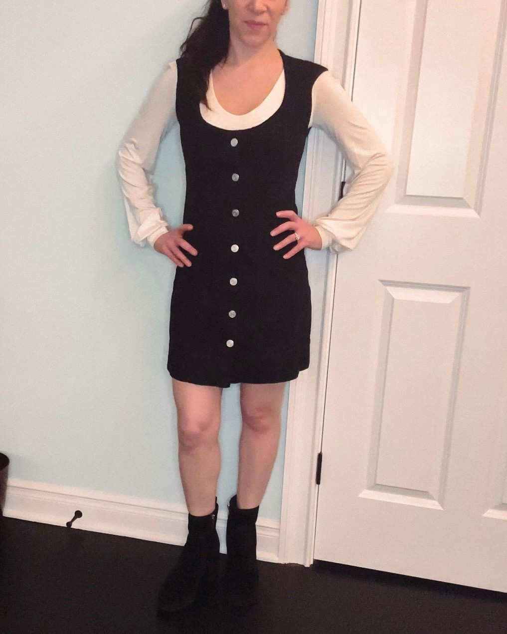 Love this black denim dress from frame I got on sale. Sized up to a small. Paired with a white bodysuit and black booties. 

#LTKPetite #LTKFindsUnder100 #LTKSeasonal