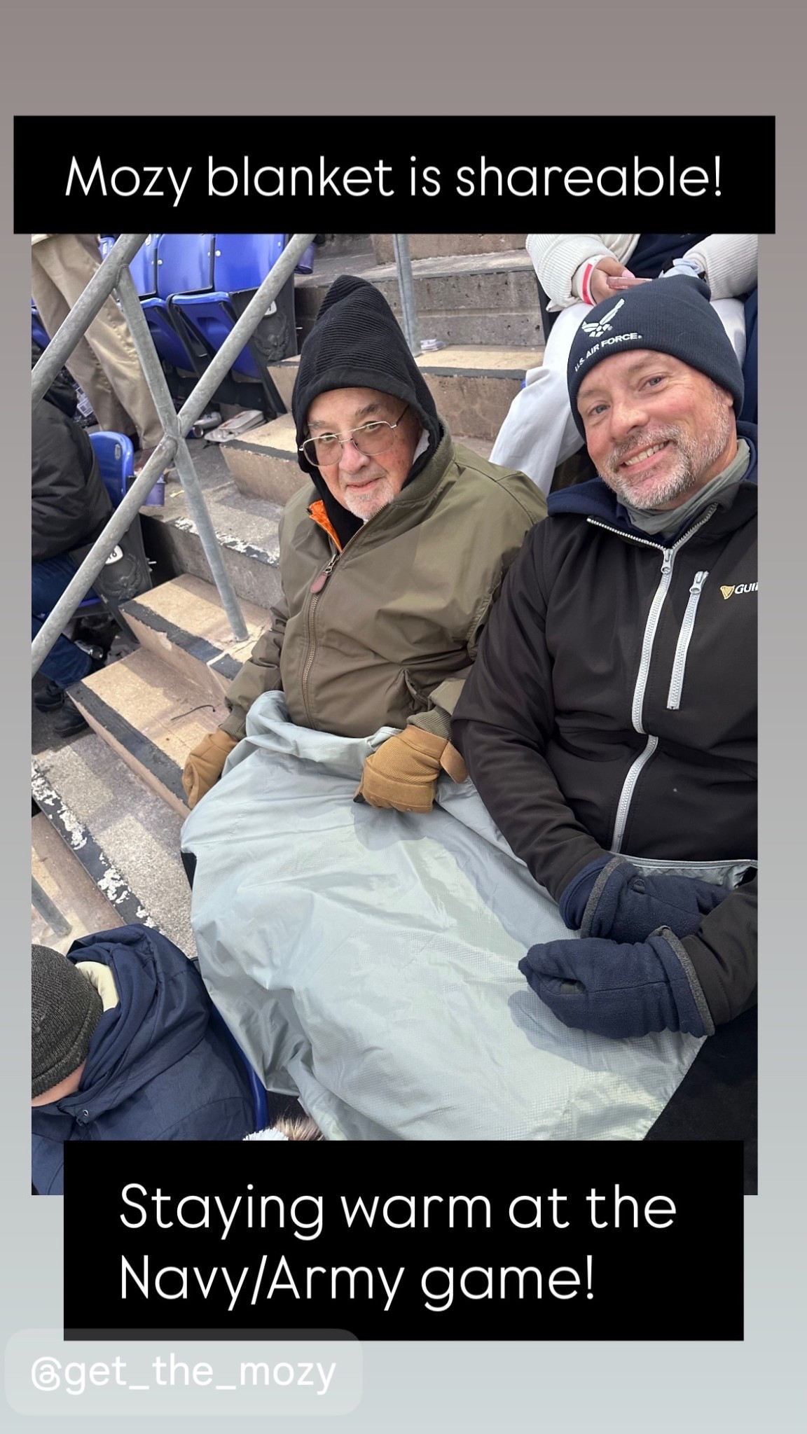 Mozy blanket is shareable! Staying warm at the Navy/Army game!
