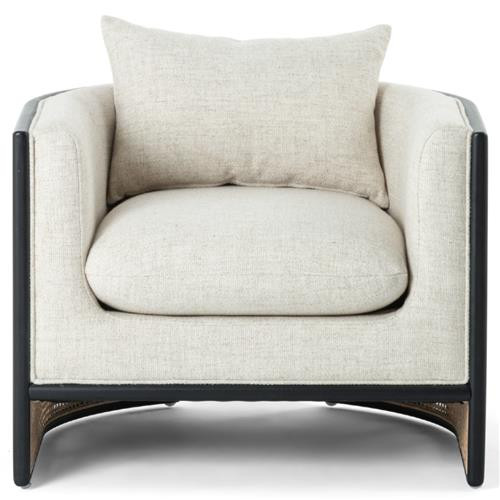 Jun Modern Cream Performance Upholstered Cushion Black Wood Rattan Arm Chair | Kathy Kuo Home