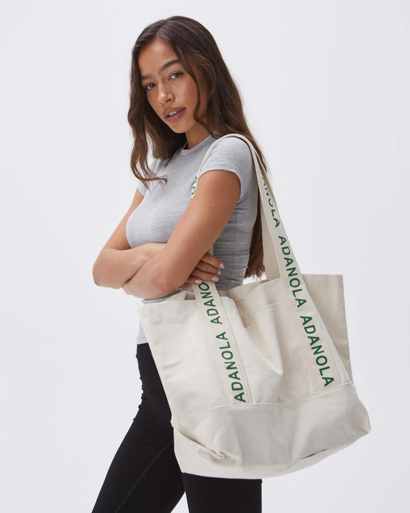 Branded Strap Tote Bag - Cream/Classic Green | Adanola UK