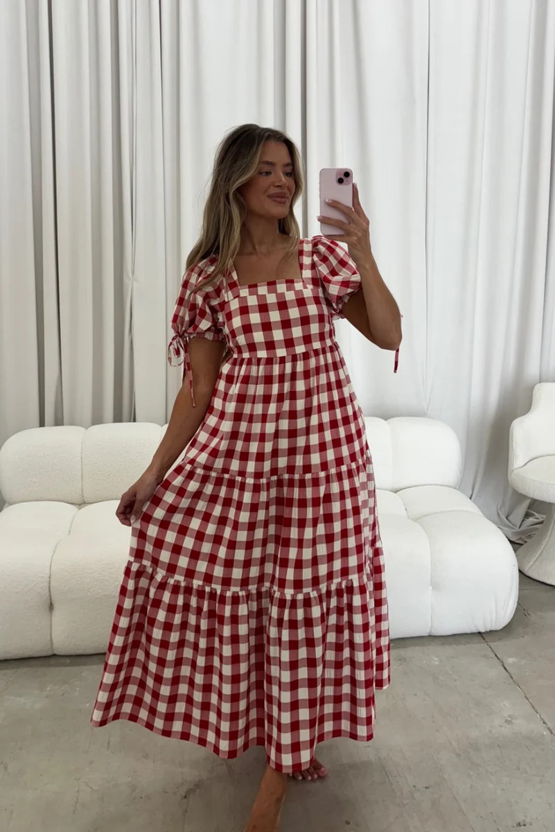Kalina Puff Sleeve Gingham Maxi Dress in Red | Worth Collective