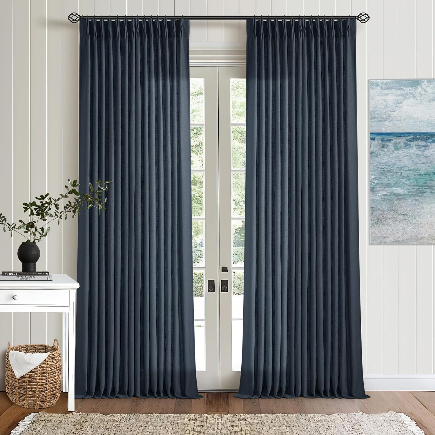Navy Indigo Linen Pinch Pleated Curtains 102 Inches Long 2 Panels | Pinch Pleated Drape with Hook... | Amazon (US)