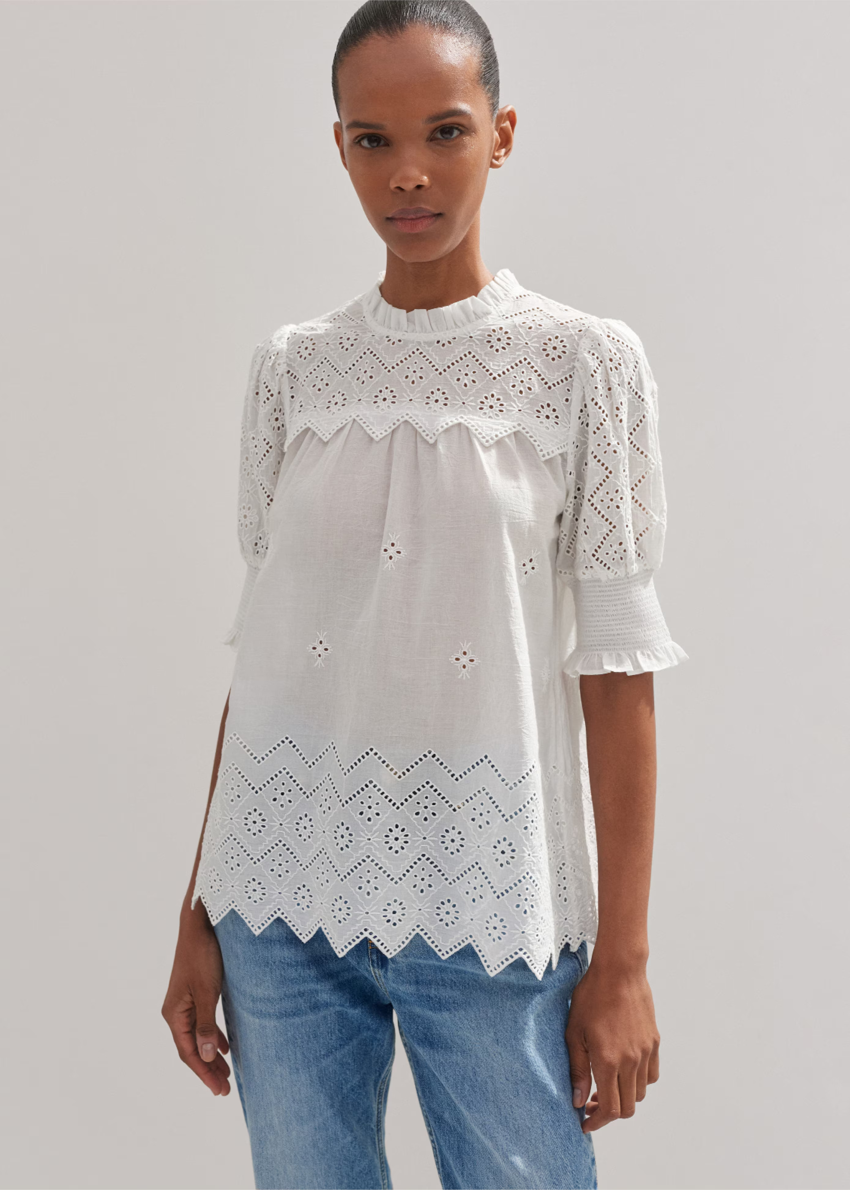 Women's White Cotton Broderie Highneck Swing Top | ME+EM | ME+EM US