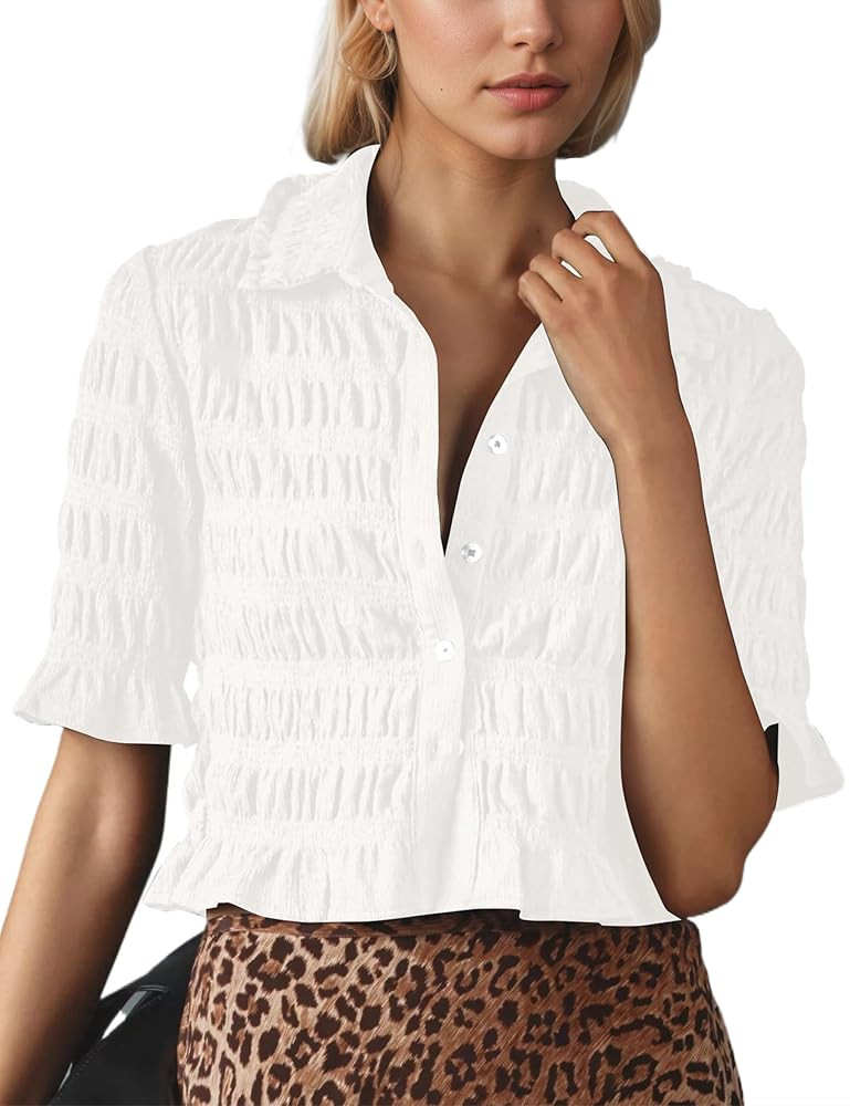 Livtany Women's Smocked Shirred Button Front Peplum Top Ruffled Trim Collar Lapel Blouse V-Neck H... | Amazon (US)