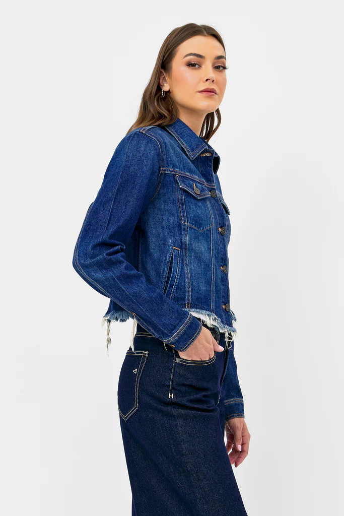 [REBEL] Dark Wash Cropped Frayed Fitted Jacket | Hidden Jeans