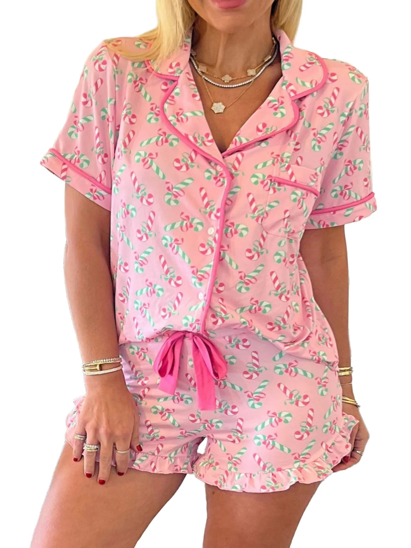 WIBACKER Womens Christmas Lounge Sets Candy Cane Print Pocketed Knotted PJ Set Short Sleeve Xmas ... | Walmart (US)