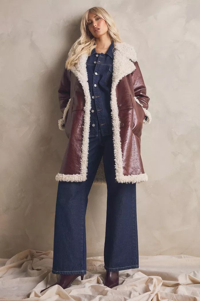 Faux Leather Teddy Trim Longline Aviator Jacket | boohoo (US & Canada)