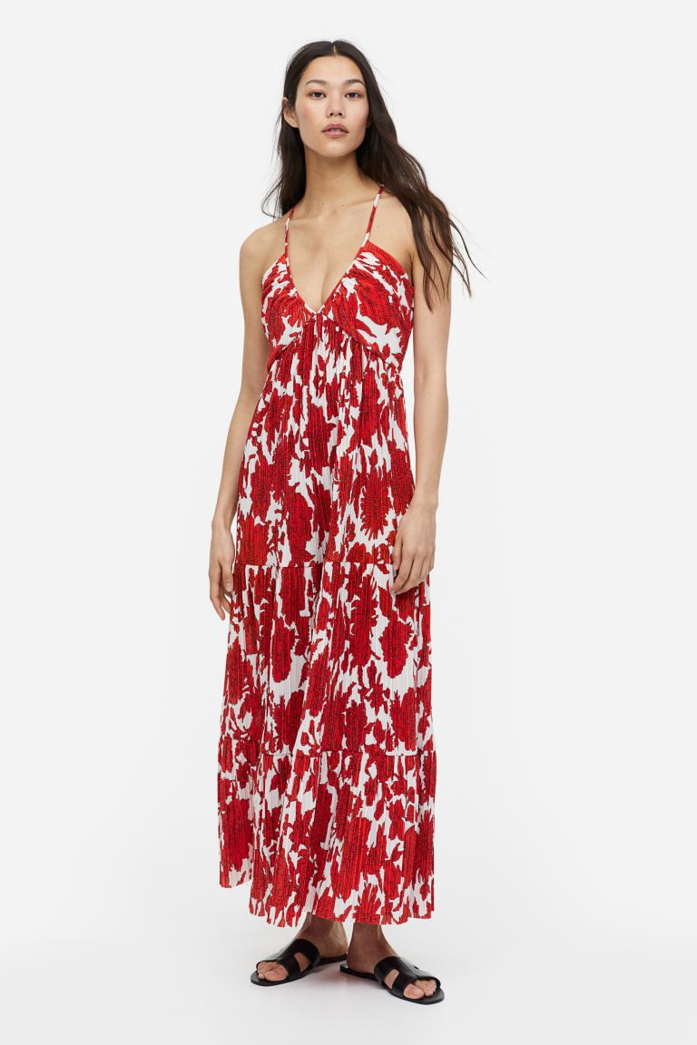 Pleated Maxi Dress - White/red floral - Ladies | H&M US | H&M (US, CA, MX)
