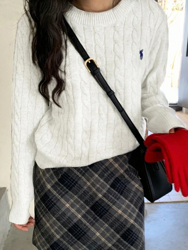 Pullover mit Stickerei, Tier Muster, Drop Shoulder Zopfstrick | SHEIN