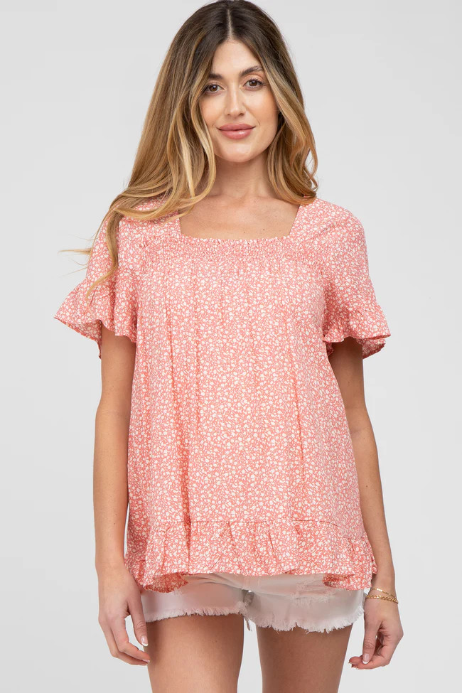 Coral Floral Square Neck Ruffle Hem Maternity Top | PinkBlush Maternity