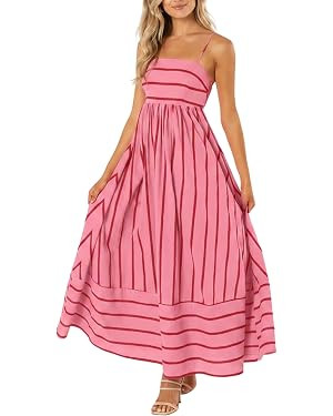 yoeasy Women's Striped Spaghetti Strap Cutout Maxi Dress Sleeveless Backless Flowy Swing Long Dre... | Amazon (US)
