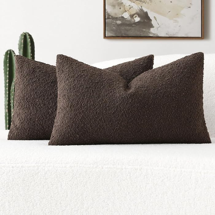 FUTEI Pack of 2 Dark Coffee Decorative Throw Pillow Covers 12x20 Inch Soft Cozy Solid Boucle Text... | Amazon (US)