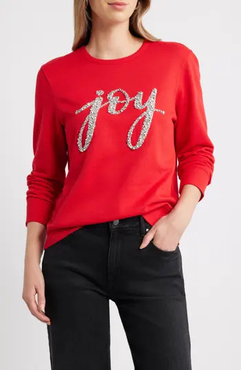 Caslon® Joy Embellished Crewneck Sweatshirt in Red- Silver Joy at Nordstrom Rack, Size Large | Nordstrom Rack