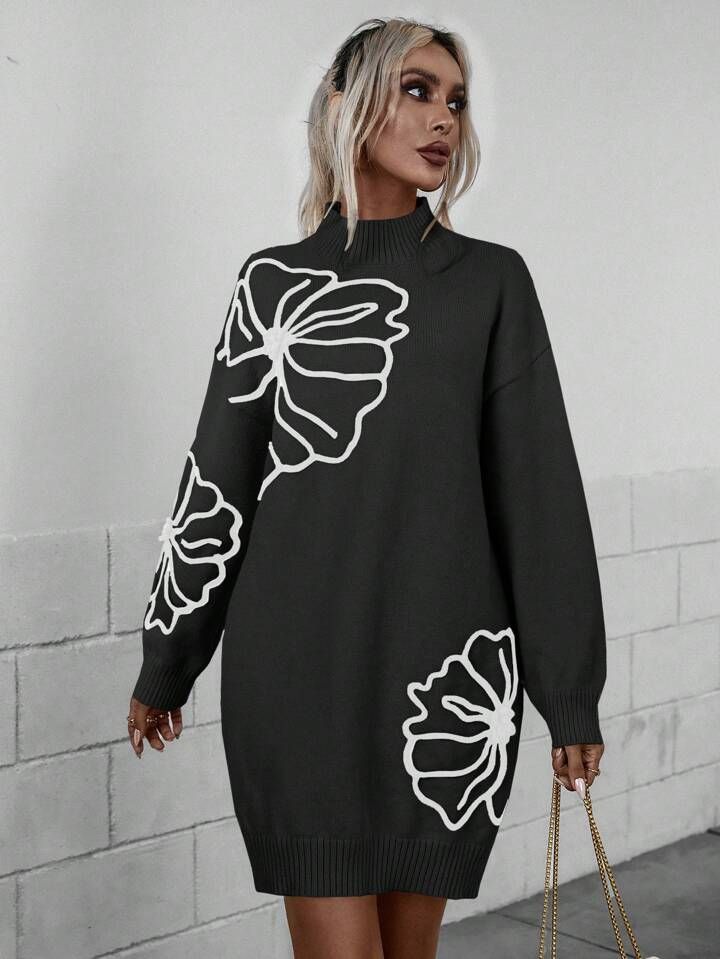 SHEIN Essnce Floral Pattern Drop Shoulder Sweater Dress | SHEIN
