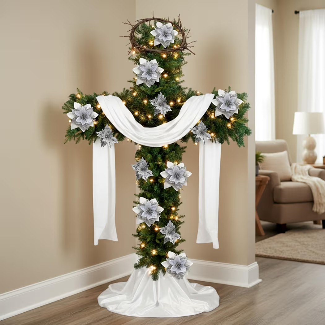 7.5 ft Cross Christmas Tree with Lights Prelit Artificial Pencil Christmas Cross Tree with Crown of Thorns White Poinsettia Flowers Treeskirt and Simply for Holiday Church Home Decor | Amazon (US)