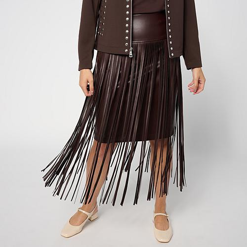 Colleen Lopez Faux Leather Midi Skirt with Fringe - Brown - Size 2X | HSN