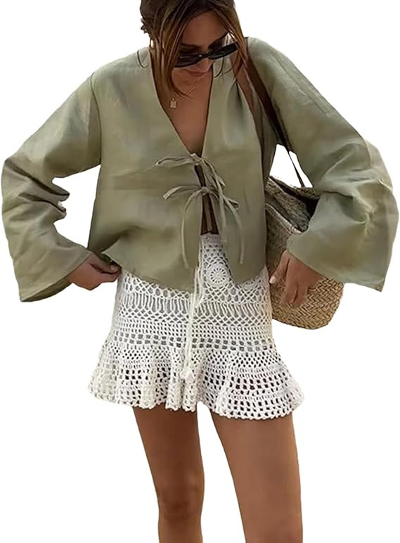 Bow Tie Front Tops for Women Casual Lace Up Bow Shirts Hollow Out V Neck Long Flare Sleeve Blouse... | Amazon (US)