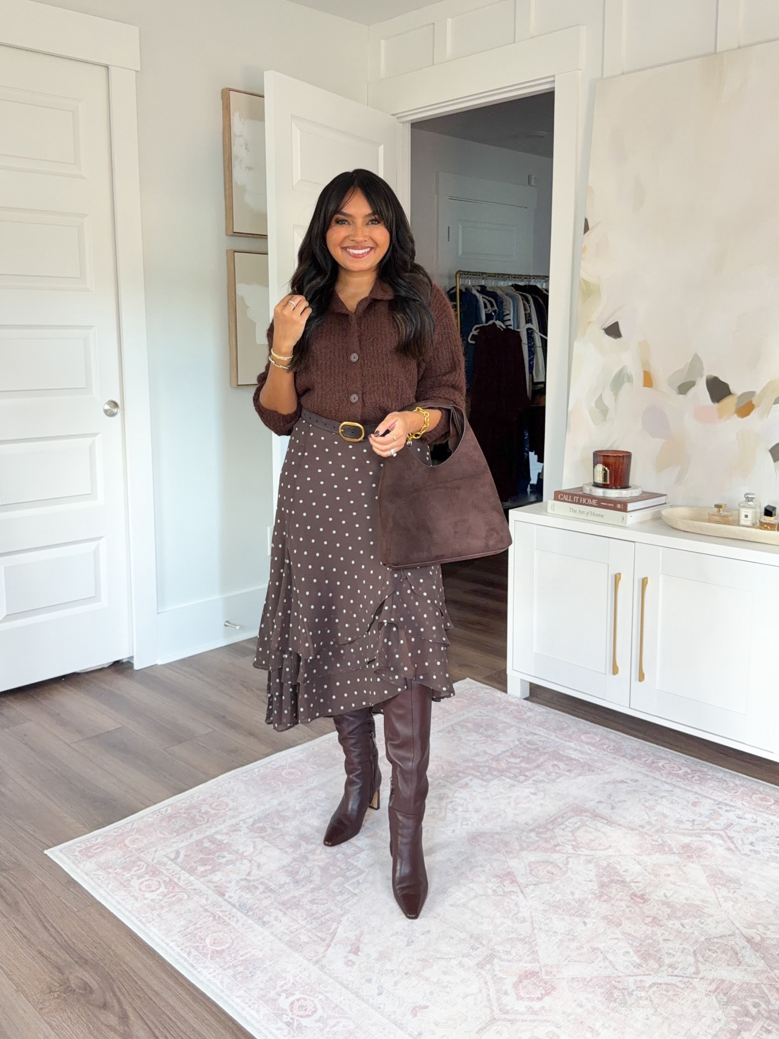 Brown cardigan size xxs TTS
Brown polka dot skirt size xs TTS
Brown spiced pecan boots size 5.5 TTS

#LTKPetite #LTKStyleTip #LTKSeasonal