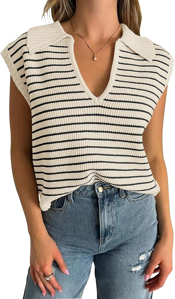 NENONA Women's V Neck Cap Sleeve Summer Sweater Tops 2024 Striped Casual Loose Knit Vest | Amazon (US)