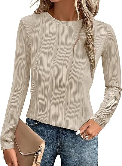 ZESICA Women's Long Sleeve Textured Shirts Fall Slim fit Crewneck Causal Trendy Knit Tops | Amazon (US)