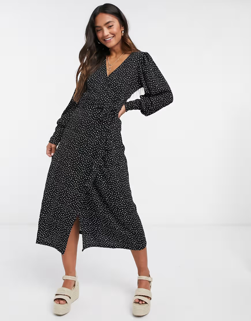 River Island polka dot wrap midi dress in black | ASOS (Global)