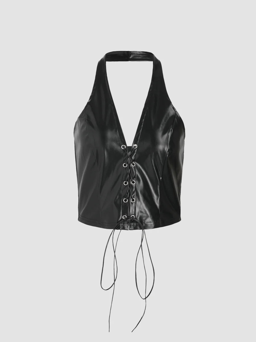 Leather Lace Up Halter Top | Cider