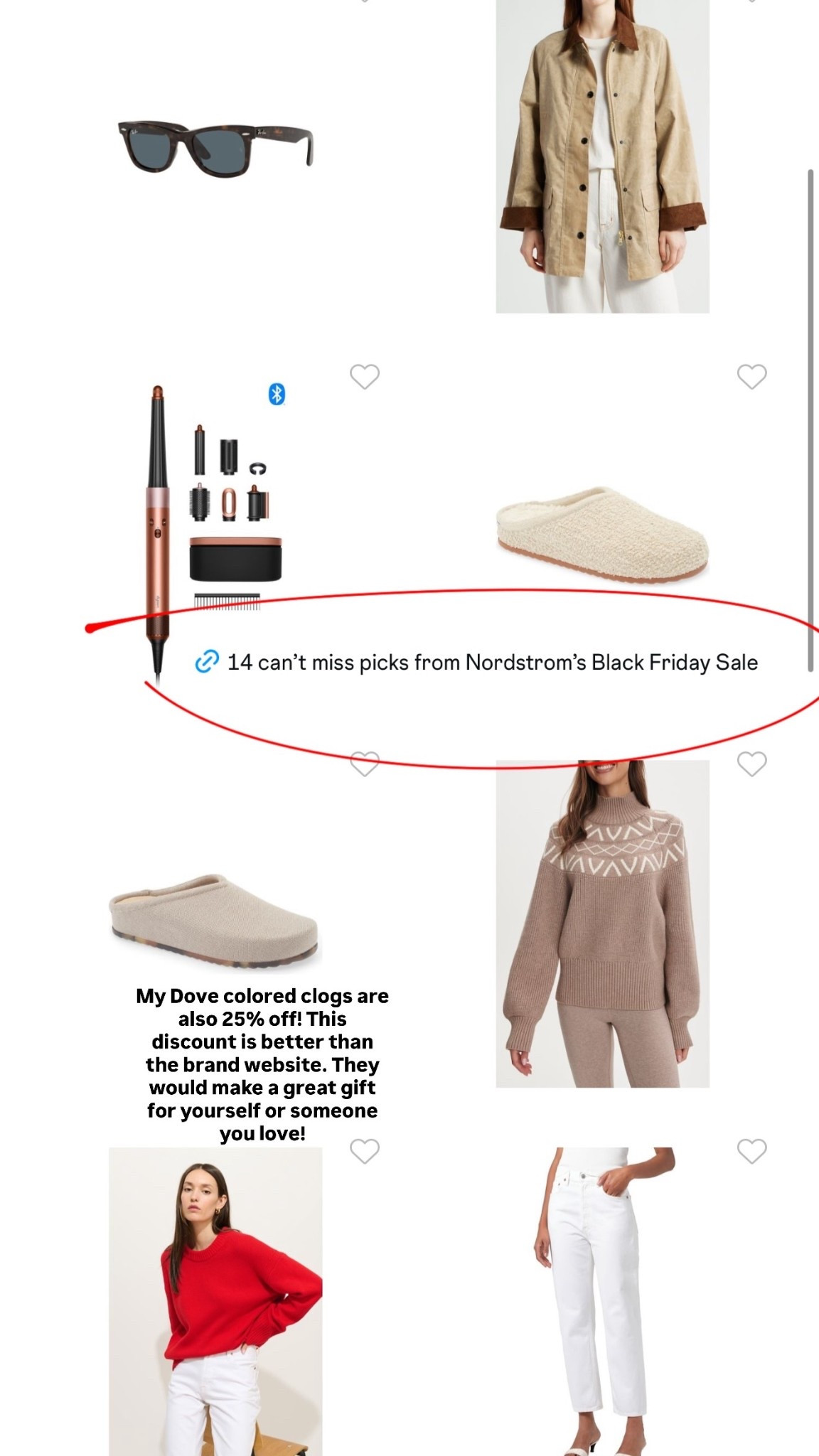 Sharing my top picks from Nordstrom’s Black Friday sale. There’s are literally tens of thousands of products on sale so hoping this tighter edit saves you time. The rest of the sale is not worth it in my opinion. 



AGOLDE 90’s jeans. My favorite pair of denim that I’ve ever owned. Marshmallow white looks like the only wash in sale but still great. I’m very bullish on white denim all year long. • My Dove colored Rothy’s clogs are also 25% off! This discount is better than the brand website. They would make a great gift for yourself or someone you love! • Beautiful Varley Fair Isle. So chic, beautiful for winter and a great price • one of my all time favorite Alex Mill Waxed jackets. So versatile, so beautiful like everything else they make! • Pistola Penny wide leg pants in burgundy are a beautiful Fall/Winter deep red. Would make a great holiday party outfit but can also wear all season. One of my best selling pants! • Dyson air wrap and Ray-Ban sunnies are both tried and true! 

#LTKCyberWeek #LTKSaleAlert #LTKFindsUnder100